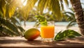 A glass juice relaxation mango on a background of sea and palm trees tropical table