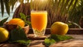 A glass juice summer mango on a background of sea and palm trees tropical table