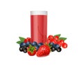 Glass of juice and fresh berries on white background