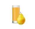 Glass of juice and fresh pear on white background