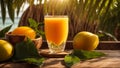 A glass juice glass mango on a sweet of sea and palm trees tropical table