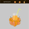 Glass of juice with green straw and orange painting hand drawn apricots on background