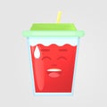 A glass of juice with a lid and a straw. Summer drink. Emotional icon, laughs, awkward laughter.