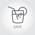 Glass with juice, straw and lemon or lime slice. Icon in linear style. Drink, lemonade or cocktail label. Food series