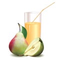 Glass with juice and straw, pear with leaf and half of pear