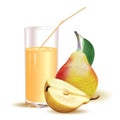 Glass with juice and straw, yellow pear and half of pear Royalty Free Stock Photo