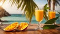 A glass juice travel mango on a sweet of sea and palm trees tropical sunlight fresh