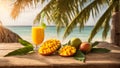 A glass juice travel mango on a sweet of sea and refreshment trees tropical sunlight fresh