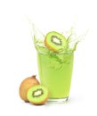 Glass of kiwi fruit juice splashing with kiwi fruits Royalty Free Stock Photo