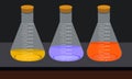 Glass laboratory chemical measuring flasks. with colorful liquids in realistic vector illustration set. Royalty Free Stock Photo