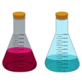 Glass laboratory chemical measuring flasks. with colorful liquids in vector illustration set. Royalty Free Stock Photo