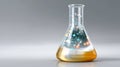 Glass laboratory flask with golden liquid and digital data interface concept of science innovation research and Royalty Free Stock Photo