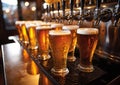 Glass of lager draught beer standing on bar counter.Macro.AI Generative