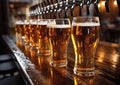 Glass of lager draught beer standing on bar counter.Macro.AI Generative