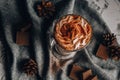 Glass of Latte Macchiato, Delicious hot chocolate, Cup of coffee with cinnamon, chocolate and cream Royalty Free Stock Photo