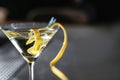 Glass of lemon drop martini cocktail in bar, closeup. Royalty Free Stock Photo