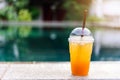 A glass of Lemon honey soda juice with background of swimming pool