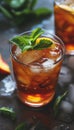 Glass of lemon ice tea with ice cubes and mint leaves. AI generated. Royalty Free Stock Photo