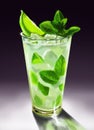 Glass with lemon, mint, ice, cocktail mojito