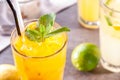 Glass of lemonade close-up with ice, leaf of mint and plastic straw on table