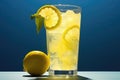 Glass of lemonade with ice cubes and lemon slices on blue background, A condensation covered glass of ice-cold lemonade on a hot Royalty Free Stock Photo