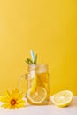 Glass of lemonade with lemon and mint, drinking straw in glass cup isolated over yellow background, fresh lemonade or cold tea. Royalty Free Stock Photo
