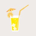 A glass of lemonade, a soda with ice and a cocktail umbrella. Lemon juice. A glass of lemon or orange cocktail with straw. Vector. Royalty Free Stock Photo