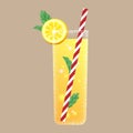 Glass of lemonade with straw, lemon slices and mint leaf. Striped straw for cocktail or refreshing drink, ice cube and Royalty Free Stock Photo