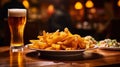 Glass of light beer and plate of french fries on wooden table. Royalty Free Stock Photo