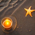 glass of light beer with starfish on sunset beach Royalty Free Stock Photo