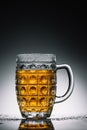 glass with light cold beer with bubbles on gray reflecting surface Royalty Free Stock Photo