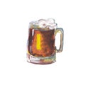 The glass with light fresh beer isolated on white background, watercolor illustration in hand-drawn style.