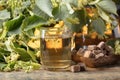Glass of linden tea with brown sugar . Royalty Free Stock Photo