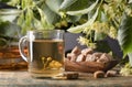 Glass of linden tea with brown sugar Royalty Free Stock Photo