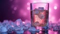A glass of liquid with ice cubes against a blurred pink background Royalty Free Stock Photo