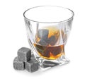 Glass with liquor and whiskey stones n white background