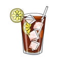 Glass of Long Island Ice Tea cocktail, ice cubes and lemon slice. Hand drawing. Vector illustration. cartoon style