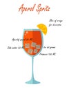 Glass of low alcohol cocktail Aperol Spritz and its recipe on a white background.