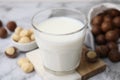 Glass of macadamia milk and nuts on white marble table, closeup Royalty Free Stock Photo