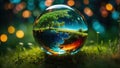 A glass magic ball or a drop of water with the green tree inside on grass. Environment concept