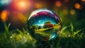 A glass magic ball or a drop of water with the green tree inside on grass. Environment concept