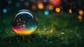 A glass magic ball or a drop of water with the planet earth inside on green grass. Environment concept