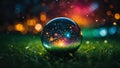 A glass magic ball or a drop of water with the planet earth inside on green grass. Environment concept