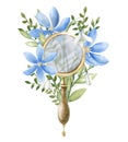 Glass Magnifier with blue Flowers and forest plants. Hand drawn watercolor illustration of vintage wanderlust equipment