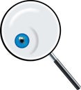 Glass magnifier icon with interior open blue eye. Royalty Free Stock Photo