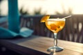 Glass with mai tai cocktail on wooden board on hotel terrace. Summer vacation concept. Created with generative Ai Royalty Free Stock Photo