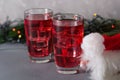 Glass of mango dragonfruit refresher drink on table with ice cubes. Copy space Royalty Free Stock Photo