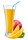 Glass of mango juice with fruit isolated on white. Royalty Free Stock Photo