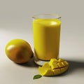 A glass of mango juice with a piece of mango on the side, created using AI Tools