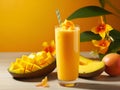 A glass of mango margarita with sliced fresh mango fruit and tropical flowers and drinking straw on juicy yellow background. Royalty Free Stock Photo